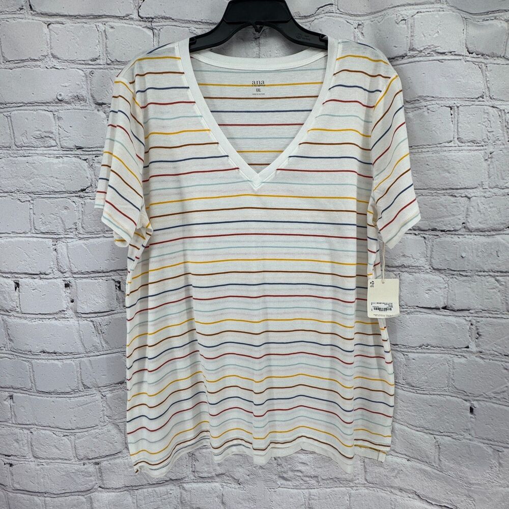 NWT A.N.A Top Women's XXL Off White Stripe Stretch Lightweight V Neck Soft